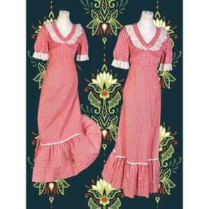 Vintage 70s Jody T of Calif  Prairie Red White Gingham Eyelet Maxi Dress 9